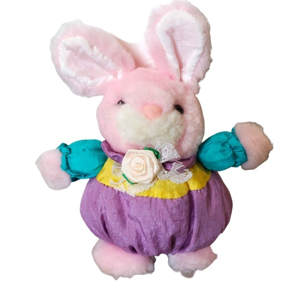 Vintage Small Pastel Pink Bunny Rabbit Plush Puffalump Style Stuffed Animal 7.5"